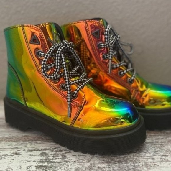 Dolls Kill Shoes - YRU Dolls Kill Earthbound Slayr Red Hologram Chunky Combat Boots 6